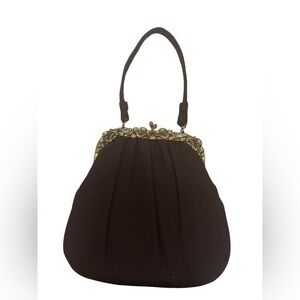 Vintage 60s Purse Handbag Satchel Brown Felt Brass Floral Frame Gorgeous